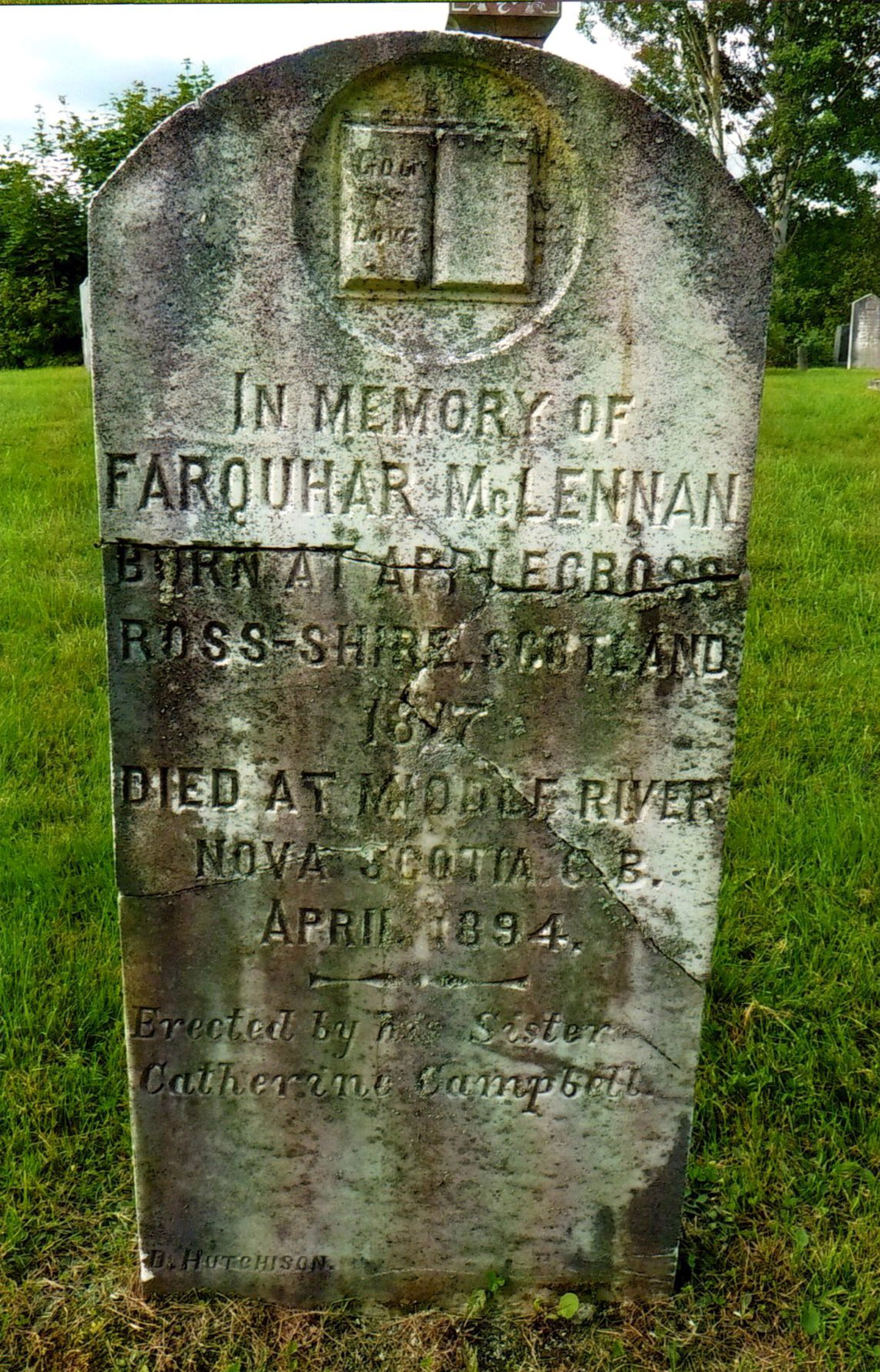 Photo of headstones/Farquhar McLennan d1894 hdstn middle river cem NS